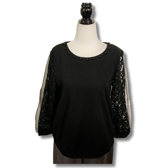 EMILY JOHN Black scoop neck shirt with mesh and lace sleeves ~ MEDIUM LARGE top - Picture 3 of 14
